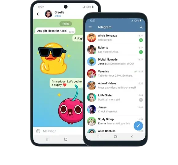 两部 Android 手机展示 Telegram 聊天列表和对话界面